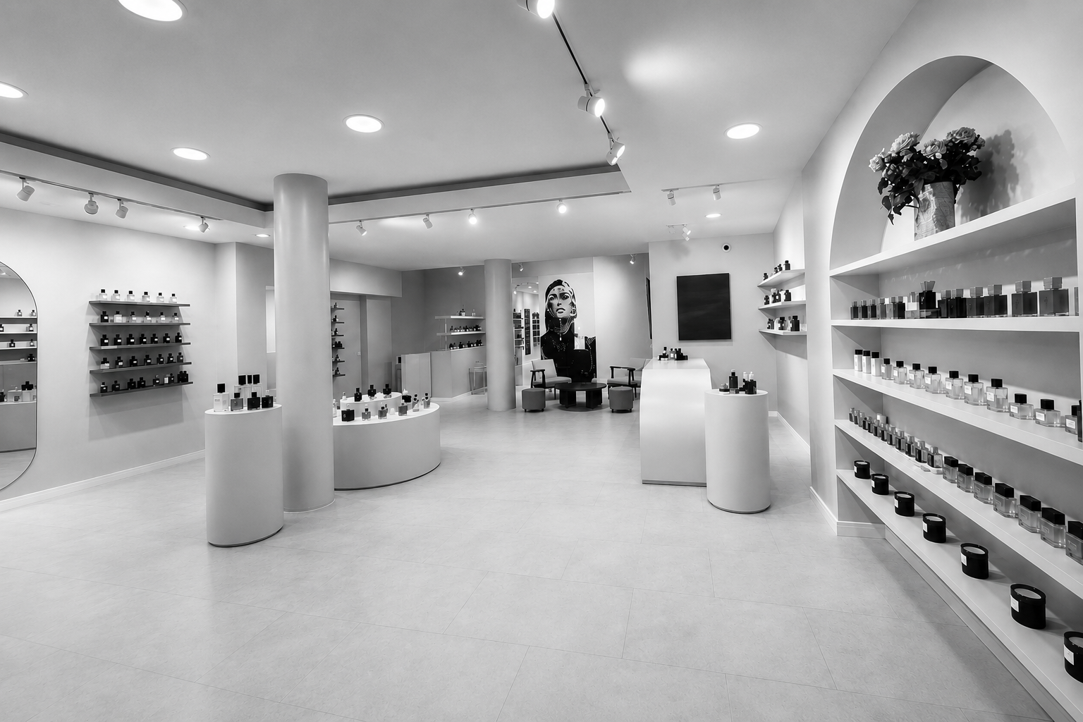 Intérieur de la boutique UNI/VERE Parfumerie à Paris, située au 30 rue d’Aboukir, avec un design minimaliste et lumineux présentant une sélection de parfums de niche, dont les créations Fazaya.