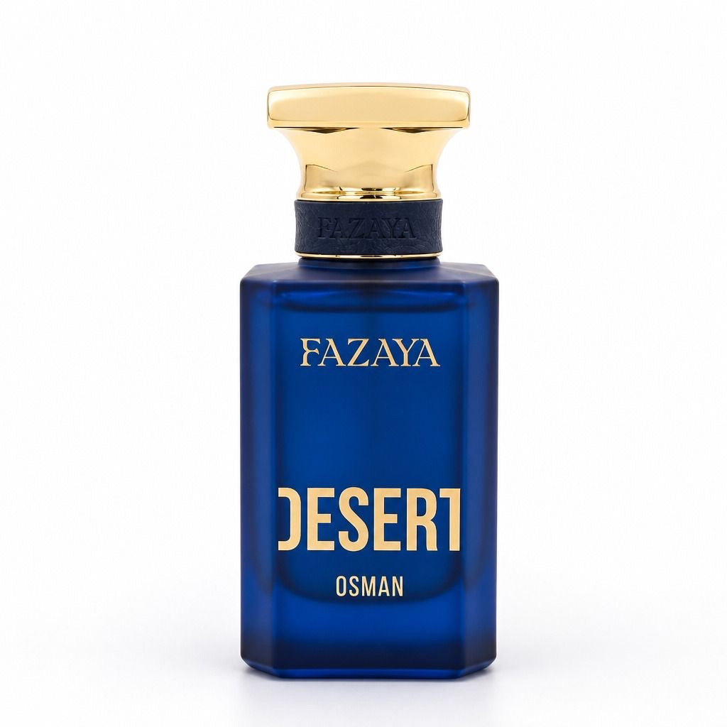 Flacon bleu Osman de Fazaya collection Desert avec détails dorés sur fond blanc