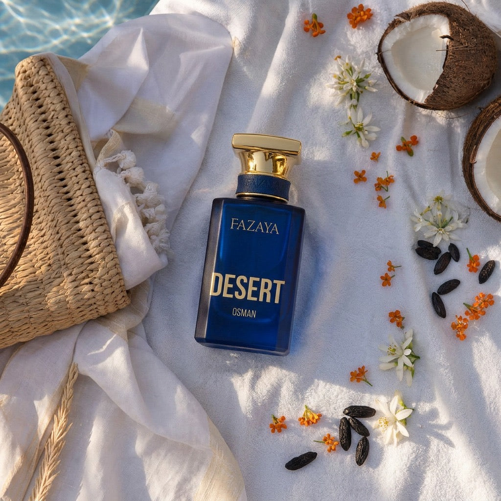 Parfum Osman Fazaya entouré d’éléments inspirés de la chaleur de l'été