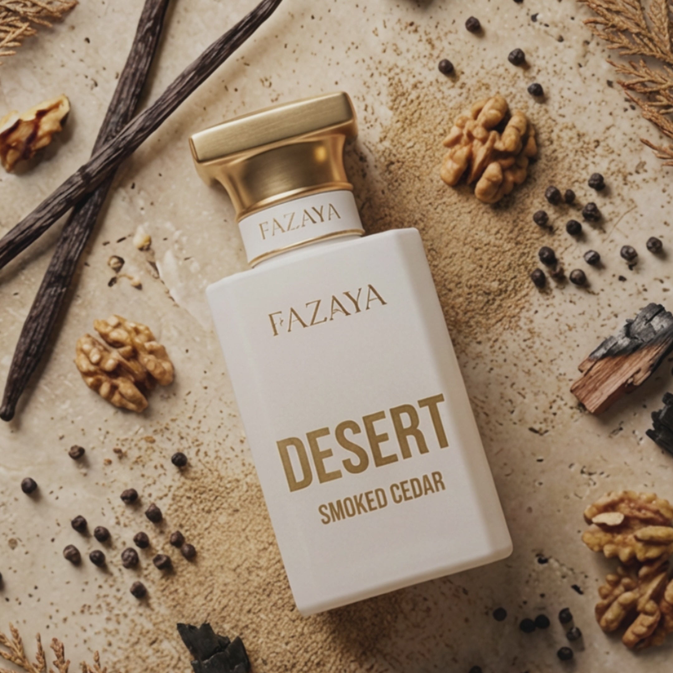 Load video: Vidéo du flacon Smoked Vanilla, extrait de parfum Desert par Fazaya, notes de vanille, poivre noir et noix sur sable beige