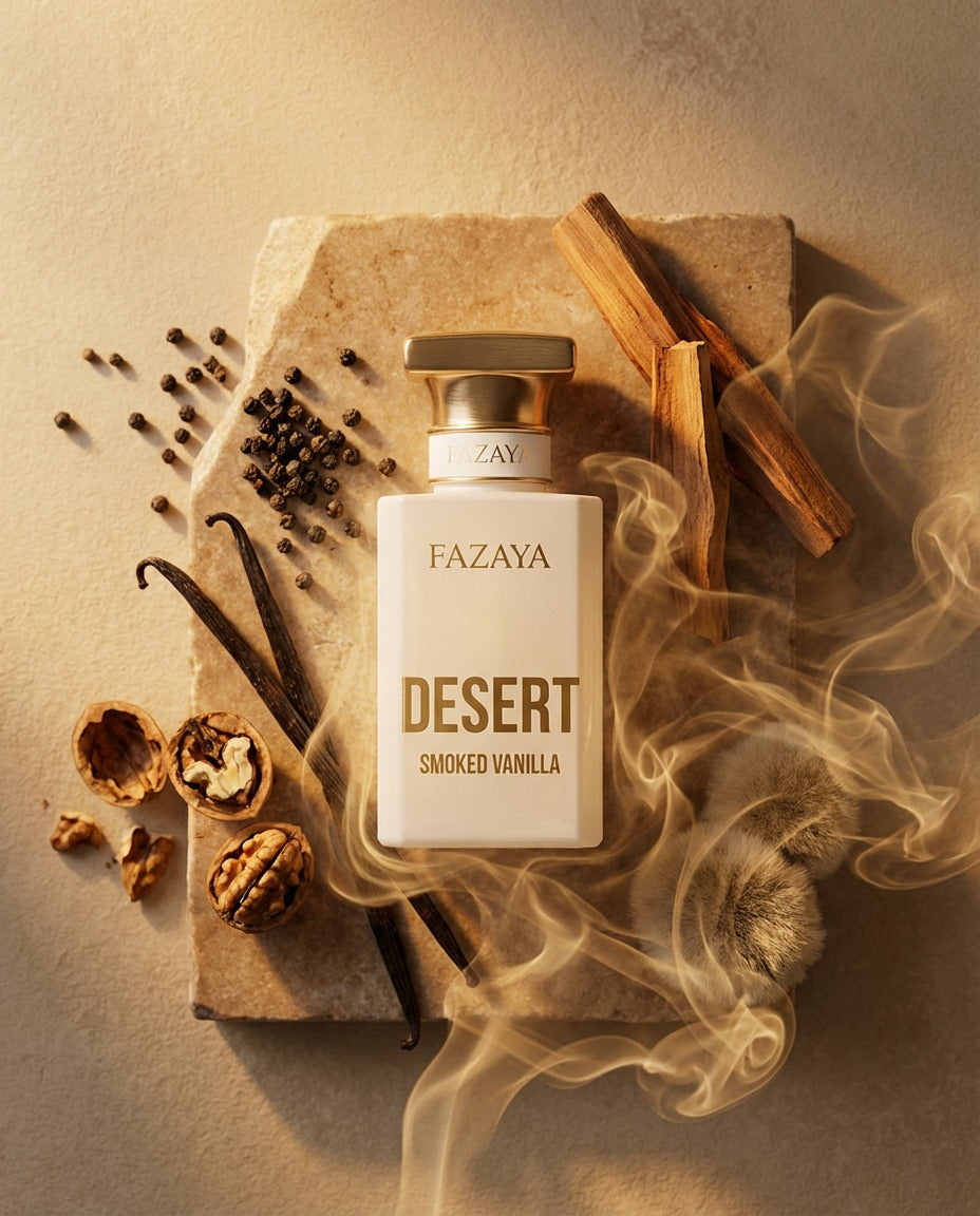 Smoked Vanilla par Fazaya, extrait de parfum Desert avec vanille, poivre noir et noix