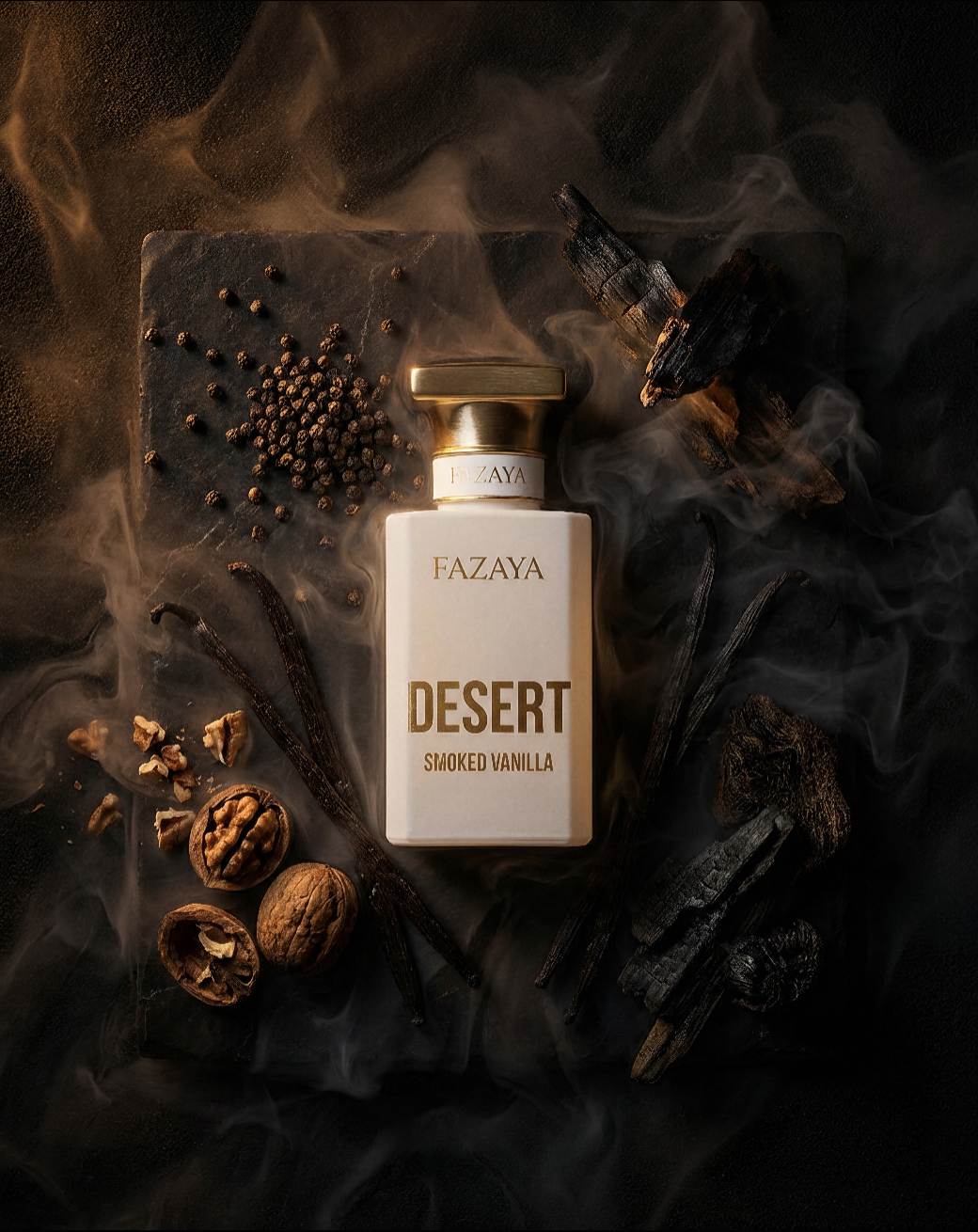 Smoked Vanilla extrait de parfum Desert par Fazaya avec vanille noire, poivre et bois fumé