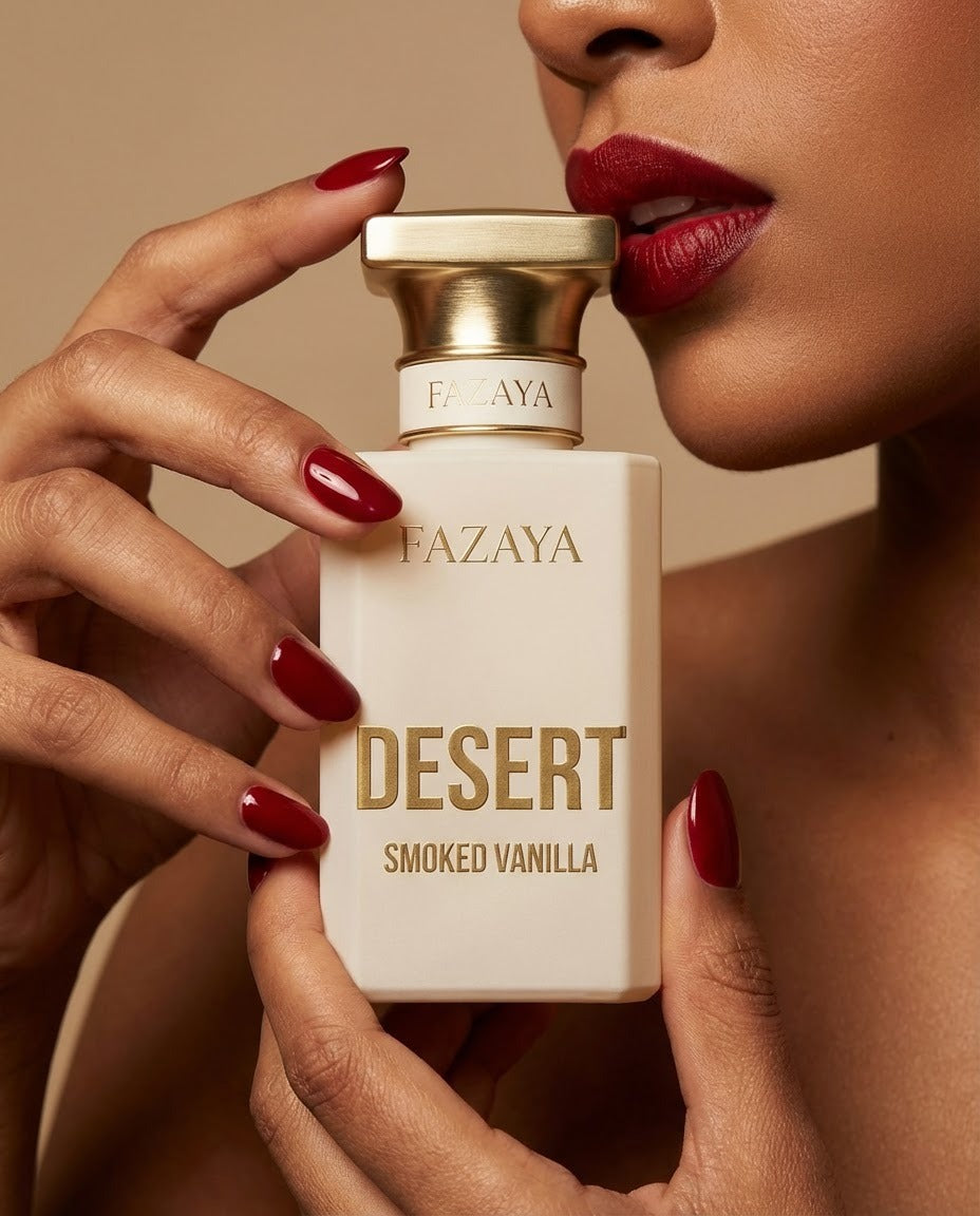 Smoked Vanilla extrait de parfum Desert par Fazaya, flacon tenu en main féminine