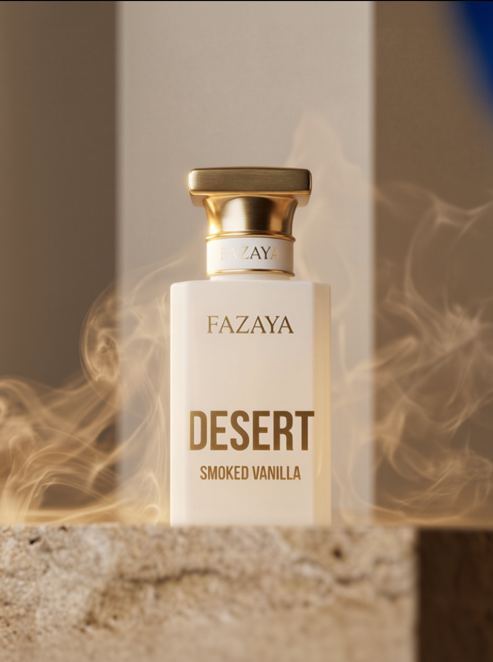 Smoked Vanilla Fazaya flacon blanc et or avec fumée collection Desert