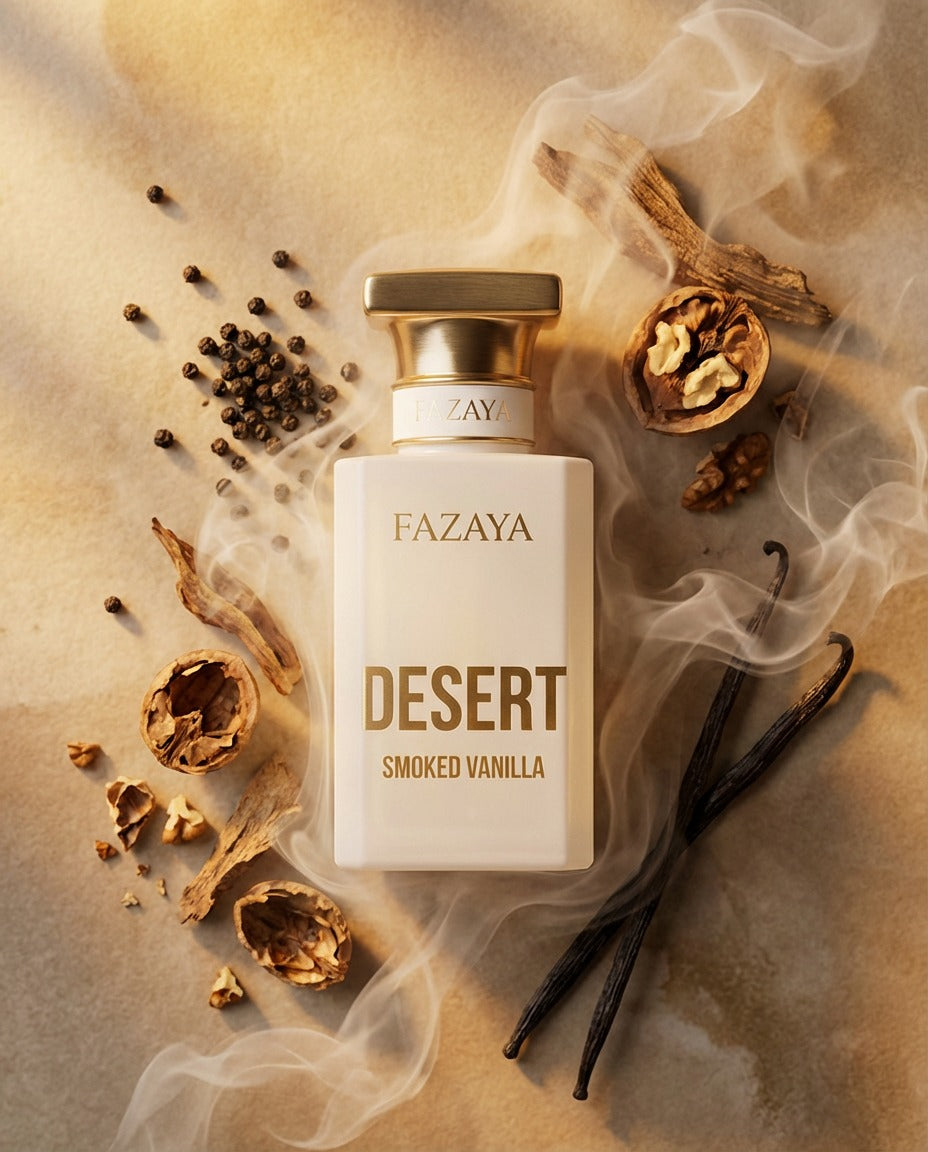 Smoked Vanilla extrait de parfum Fazaya, flacon entouré de vanille, poivre et bois, collection Desert